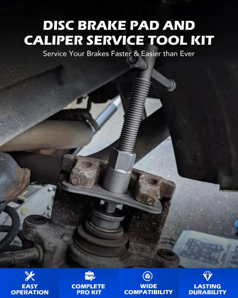 Close-up of the 24 Piece Brake Caliper Compression Tool Set For Universal Disc Brakes with piston and caliper components visible.