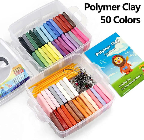 Ultimate Polymer Clay Starter Kit With 50 Vibrant Colors, Oven Bake Modeling Clay, storage box, tools, and project guide