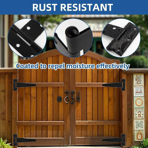 Light Duty T Strap Hinges for Barn Doors and Gates 4 Inch Black Wrought Iron Rustproof 6 Pack shown on a wooden gate