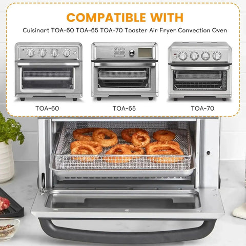 Stainless Steel Mesh Air Fryer Basket Replacement For Convection Toaster Ovens That Fits TOA-60 TOA-65 TOA-70, with food inside.