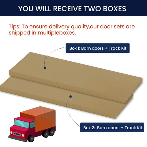 Two boxes containing Space Saving Bifold Barn Door Kit 60 By 84 Inches White MDF Bi Fold Sliding Closet Doors with hardware included.