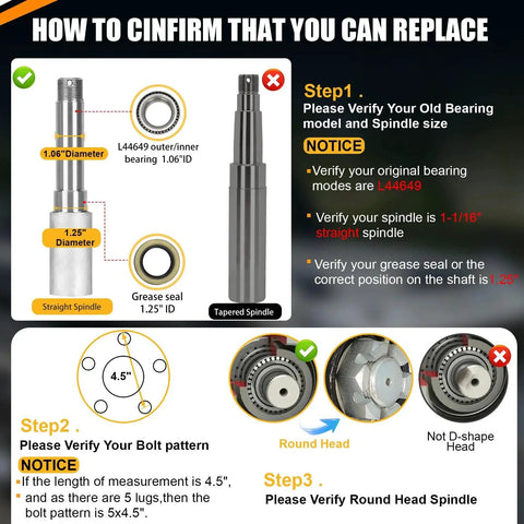 Diagram showing steps to verify spindle size for Two Sets 2000 Pound Trailer Hub Kit 5 Lug Four Point Five Inch Bolt Pattern.
