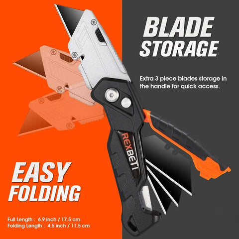 2 Pack Retractable Utility Knife Set SK5 Heavy Duty Box Cutter With Extra Blades showing folding mechanism and blade storage