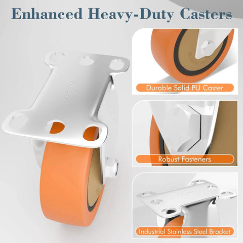 Rigid 4 Inch Stainless Steel Caster Wheel Set Of 2 For Industrial Use featuring solid PU wheel and robust 304 stainless steel bracket.