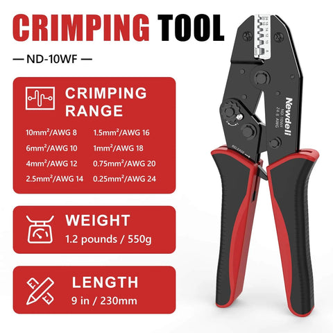 Ferrule Crimping Tool For 24-8 AWG Wire, Ratchet Crimp Tool For Ferrule Connectors and Electrical Wire Terminals, Pro Grade Crimper Pliers shown with range and specifications.