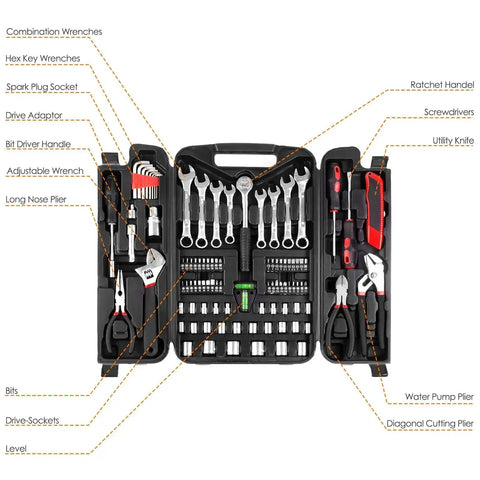 95 Piece Diy Tool Set With Portable Plastic Toolbox And Adjustable Wrench Pliers Socket Bits, open view with tools organized inside.