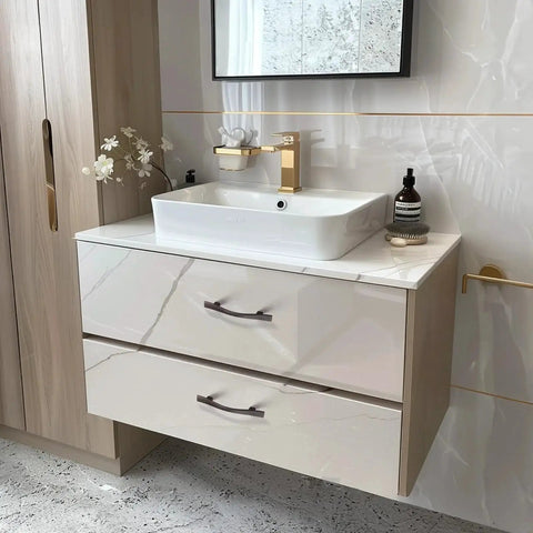 Modern bathroom vanity with 15 Pack Curved Oil Rubbed Bronze Cabinet Pulls, 3 Inch Hole Spacing, Approximately 4.75 Inches Total Length