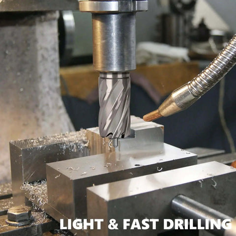 Annular Cutter Set for Magnetic Drill Press 8 Piece HSS High Speed Steel Bits in use on metal block