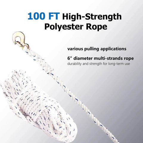 Image of 100 ft high-strength polyester rope with 0.6 inch diameter for multi-strand durability, part of 3/4 Ton Capacity Rope Puller With 100 Feet Of 0.6 Inch Rope Come Along Winch For Tree Felling And Heavy Lifting.