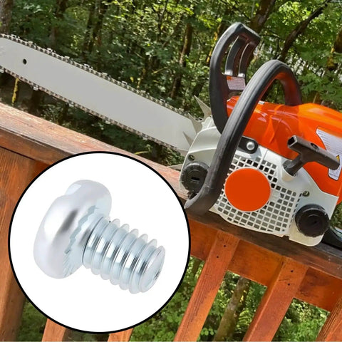 Close-up of M4x5mm chain tensioner screw next to Stihl chainsaw, 4 Pack Quick Adjust Chain Tensioner Screws M4x5mm for precise tension