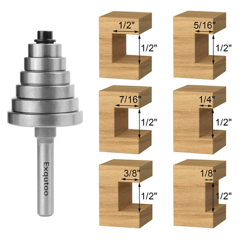 1/2 Inch Shank Rabbet Router Bit Set with six adjustable bearings, carbide tipped rabbeting bits in sizes shown on wood blocks.