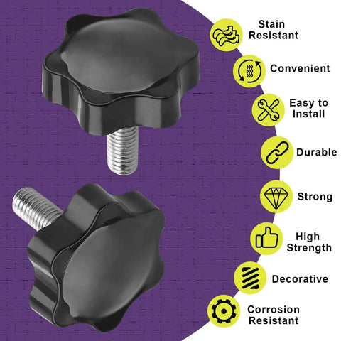Six Pack M6 30mm Thread Star Knobs Hex Clamping Handles For Umbrella Base, black plastic head, steel stud, front view