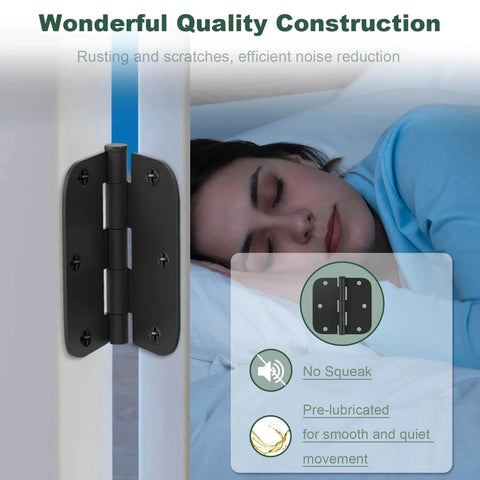30 Pack Matte Black Door Hinges 3.5 by 3.5 Inch Five Eighth Inch Radius Interior Hinges with removable pins shown on door