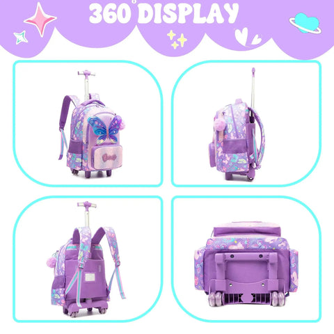 Girls Rolling Backpack With Wheels For Kids Ages 5 To 12, 3D Butterfly Design, shown in a 360-degree display, Meetbelify School Roller Backpack 