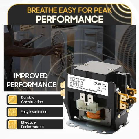 Heavy Duty 2 Pole 30A AC Contactor For HVAC And Refrigeration, 120V Coil, showcased in front of HVAC units with performance highlights.