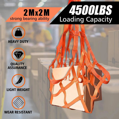 Heavy Duty Nylon Lifting Net For Hoist 4500 Lbs Load Capacity 6.56 Ft Square showing lifting operation with orange webbing