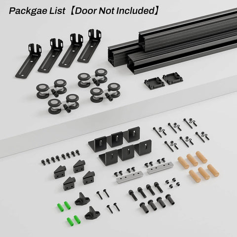 Components of 10ft Box Rail Sliding Barn Door Hardware Kit For Wall Mount Double Doors Built To Last Heavy Duty Black Exterior