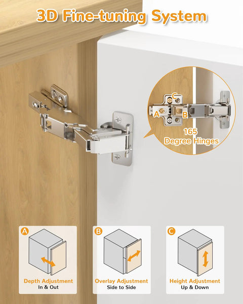 165 Degree Soft Close Corner Cabinet Hinges For Frameless Kitchens installed on wooden cupboard, showing 3D adjustment system