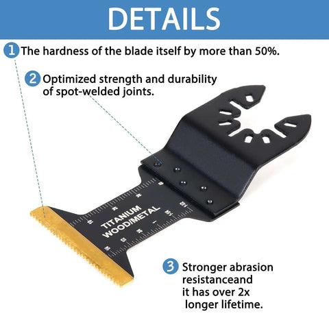 Close-up of Beast All In One 26 Piece Titanium Oscillating Saw Blades Kit for Wood Metal Plastic, highlighting durability features.
