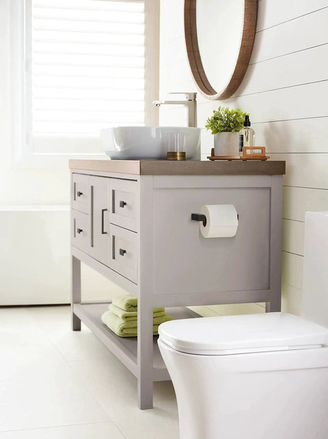 Modern bathroom vanity with light gray cabinet featuring Oil Rubbed Bronze Cabinet Pull Monument Collection 5-1/16 Inch Center-To-Center.