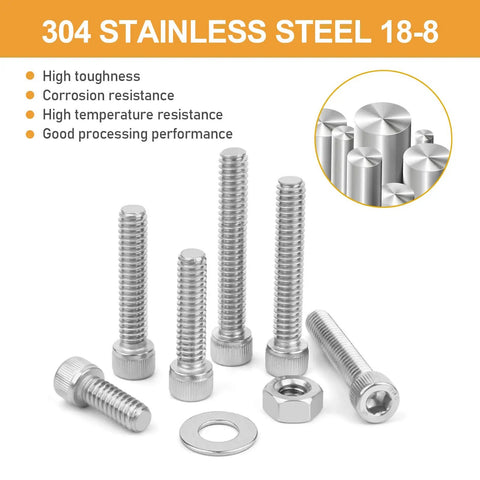 Must-Have 1/4-20 Hex Socket Head Cap Screws Set, 175-Piece Stainless Steel 304 18-8 UNC Bolts, Nuts, And Washers Assortment Kit