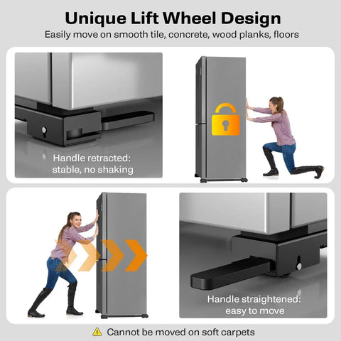 Woman using heavy duty appliance rollers with extendable sliders and liftable washing machine base for moving refrigerator