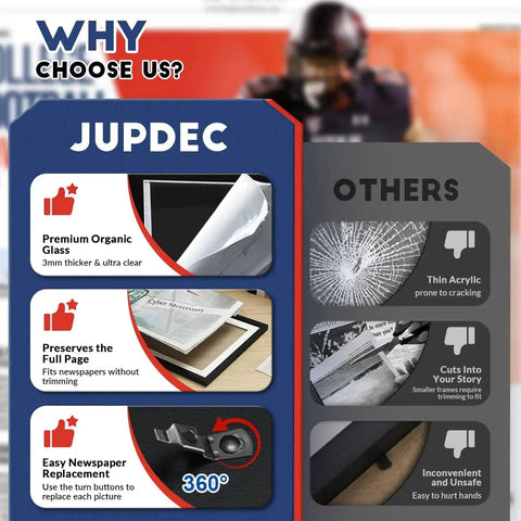 Comparison of JUPDEC premium organic glass frames vs others; shows full page preservation and easy replacement features.