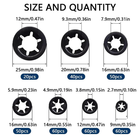 Renashed internal-tooth star lock washers assortment, 340 pcs, push-on, black oxide finish, M3-M12
