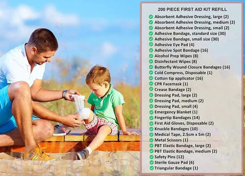 Man assisting a child with 200 Piece First Aid Kit Refill Pack With Extra Medical Supplies For Universal Restock list shown on side.