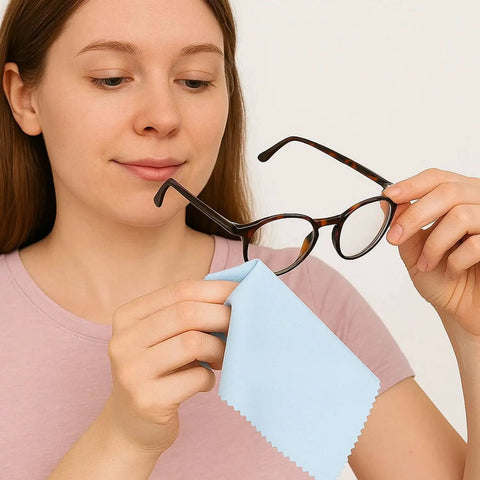 Person cleaning glasses with Large Microfiber Cleaning Cloths For Glasses And Screens Reusable Non Scratch, blue cloth shown.