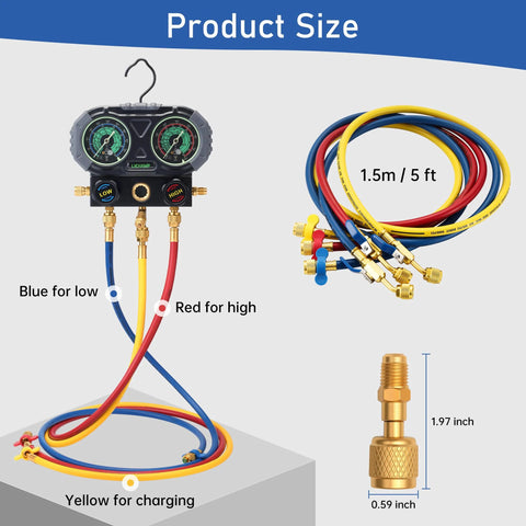 Lichamp A2L refrigerant hose set with ball valve, 60 in hoses; blue for low, red for high, yellow for charging; 3-pack
