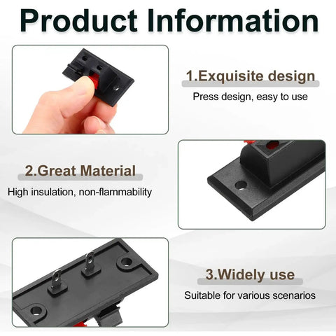 Two Way Spring Terminal Clip Push Release Connector Plate Jack Socket For Speaker Terminal Strip Block Test Clip Three Pack Great For DIY Audio Upgrades Red And Black Color Coding 45mm Mounting Size, showing design, material and use.