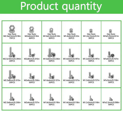 Product quantity image of 304 Stainless Steel Metric Micro Screws And Nuts Set 1110 Pcs Assortment M1 To M2.5 Phillips Pan Head