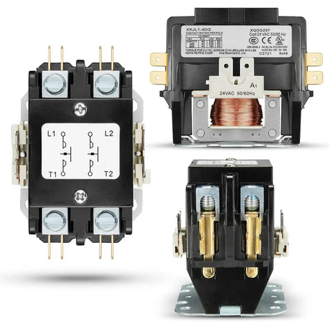 Heavy Duty 40 Amp 24V AC Contactor for Air Conditioner Two Pole Definite Purpose NO Coil with Silver Alloy Contacts
