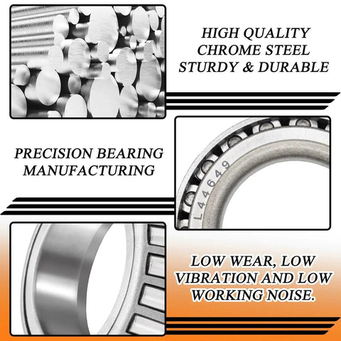 Close-up view of Two Sets Trailer Bearing Kit For 3500 Lb Boat Trailer Axle Bearings L68149 and L44649 with chrome steel.