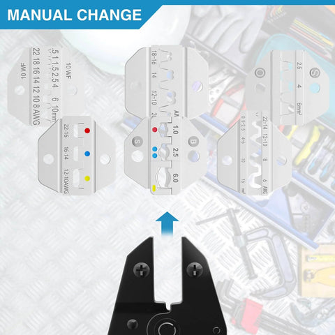 Multiple dies for 6 Piece Ratcheting Crimping Tool Set for wire crimping on various terminals displayed on a workbench.
