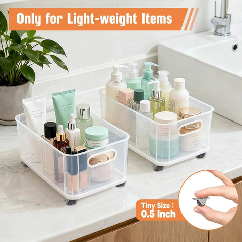 Plastic storage boxes on 0.5 Inch Mini Low Profile Caster Wheels With Self Adhesive Steel Plate Quiet Rubber Rolling Wheels For Small Kitchen Appliances Drawer Or Storage Box Tiny DIY Projects Brown 4 Pcs Set, filled with cosmetics on a countertop.