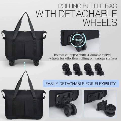 Rolling Duffel Bag With Wheels For Travel Expandable And Foldable Large Capacity Carry On Luggage Bag Black Built From Scratch Resistant Oxford Cloth with detachable 360° swivel wheels