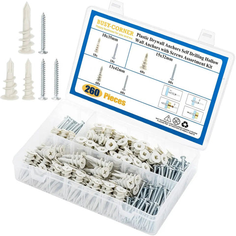 260 Pcs Self Drilling Drywall Anchors Set With Nylon Plastic Wall Anchors And Screws For Drywall No Pre Drill Hole Preparation Required Three Sizes 10x35mm 13x42mm And 15x32mm Durable Zinc Steel Screws For Indoor Or Outdoor Use displayed in open case