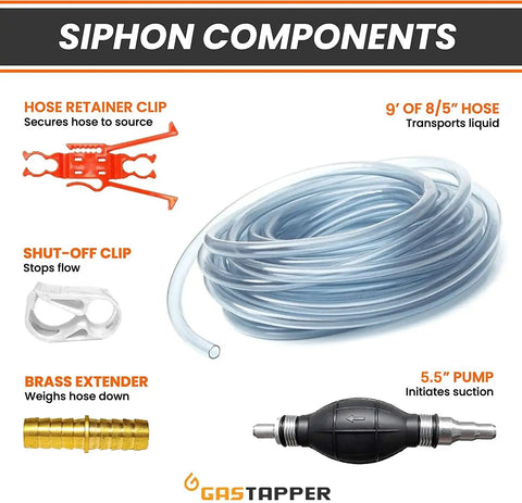 Portable Hand Fuel Transfer Pump Siphons Gasoline And Diesel Fast Up To Three Point Five Gallons Per Minute With Nine Foot Hose Brass Tip Weight And Pinch Clip Go To Gear For Cars Boats Mowers And Home Emergency Use components including hose, pump, brass tip, and clips