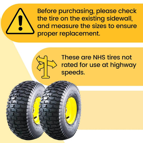 Image of two 15x6.00-6 Tubeless Lawn Mower Tire And Wheel Assembly Front Replacement For John Deere, showing side view with caution signs.
