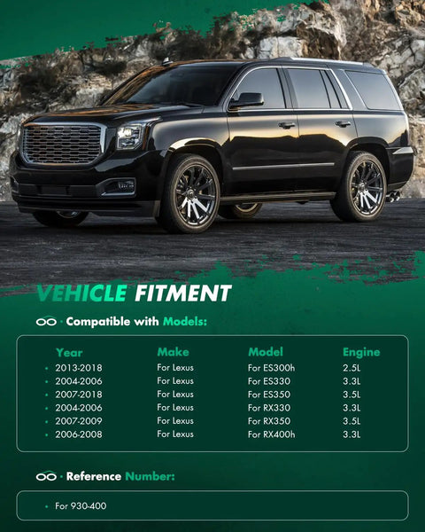 SUV parked on a road with vehicle fitment details for Lexus models and engine specifications in the foreground