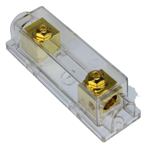 Gold Plated ANL Fuse Holder Inline Fuse Block for 1/0 AWG In And Out with Brass Hardware and Clear Protective Housing