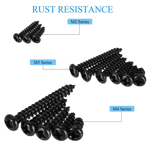 Close-up of 625 Piece Self Tapping Wood Screw Kit With 14 Sizes M2 M3 M4 Phillips Pan Head For Wood Plastic And Soft Metal.