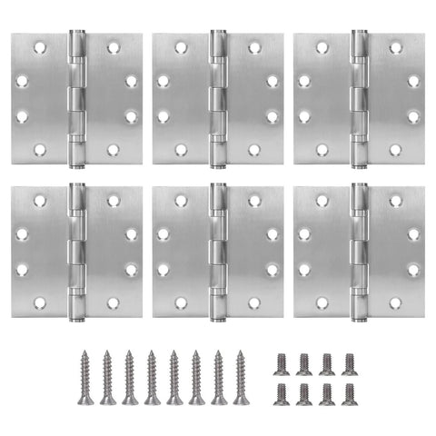 Door hinges, six 4.5x4.5 in brushed nickel stainless steel, ball bearing, square corners, screws included