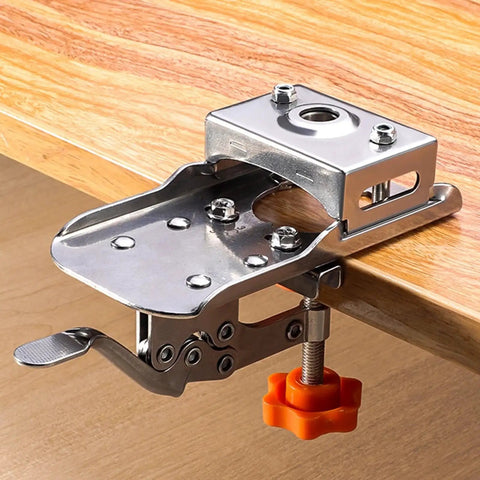 35mm Hinge Boring Hole Opener for Woodworking Drilling Guide Locator with Triangle Edged Hinge Opener shown clamped on wood edge