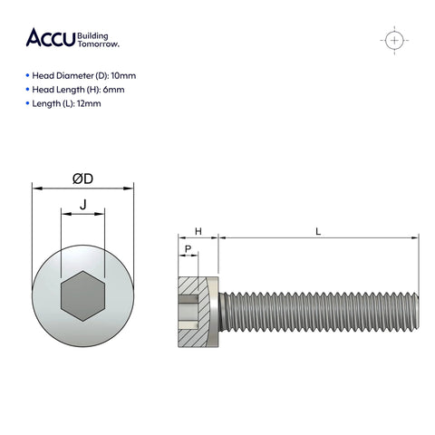 Accu M6 x 12mm full-thread cap head screw, DIN 912, high-tensile steel 12.9, pack of 20
