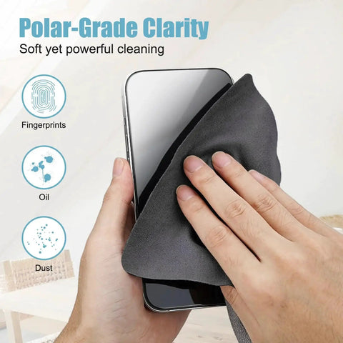 Cleaning phone screen with Six Pack Microfiber Cleaning Cloths For Screens Lenses And Glasses 6x6 Gray for clarity