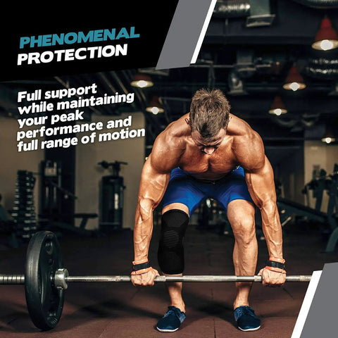 Man lifting weights wearing Knee Compression Sleeve Pair For Pain Relief And All Day Support Perfect For Running Basketball Volleyball Weightlifting Gym Workouts And Everyday Sports Use Comfortable Breathable Flexible Knee Brace Pad Hybrid