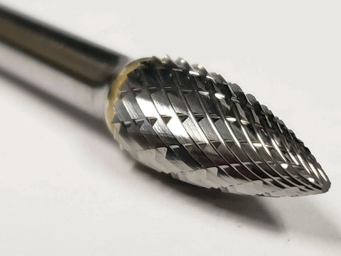Close-up of Three Eighths Inch SG3 Pointed Tree Bur Double Cut Solid Carbide for ferrous and nonferrous metals, precision tool